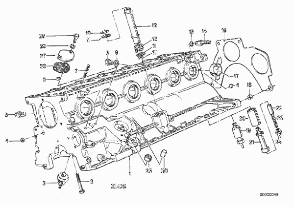 Блок-картер двигателя для BMW E30 323i M20 (схема запчастей)