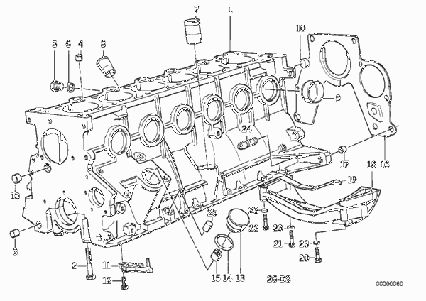 Блок-картер двигателя для BMW E34 524td M21 (схема запчастей)
