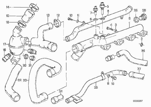 Термостат сист.охлаждения/водяной шланг для BMW E30 M3 S14 (схема запчастей)