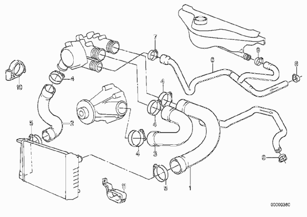 Водяной шланг системы охлаждения для BMW E34 535i M30 (схема запчастей)
