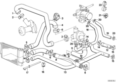 Водяной шланг системы охлаждения для BMW E34 520i M20 (схема запасных частей)