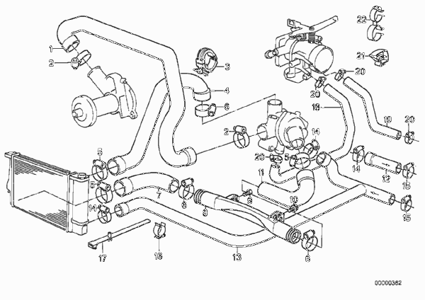 Водяной шланг системы охлаждения для BMW E34 525i M20 (схема запчастей)