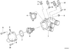 Корпус термостата системы охлаждения для BMW E32 735i M30 (схема запасных частей)