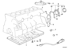 Блок цилиндров/дополнительные элементы для BMW E36 320i M50 (схема запасных частей)