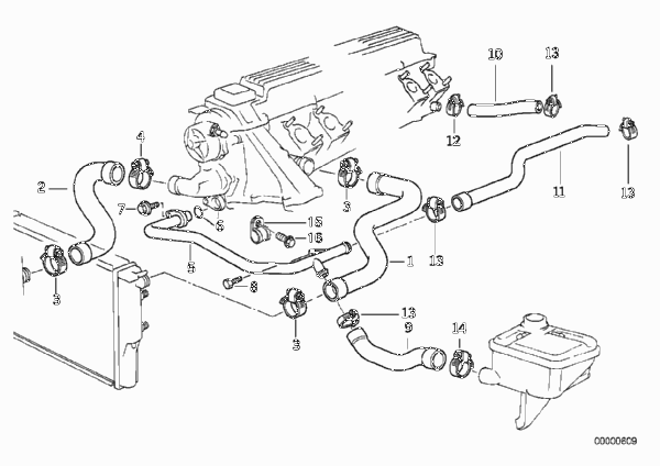 Водяной шланг системы охлаждения для BMW E36 325td M51 (схема запчастей)