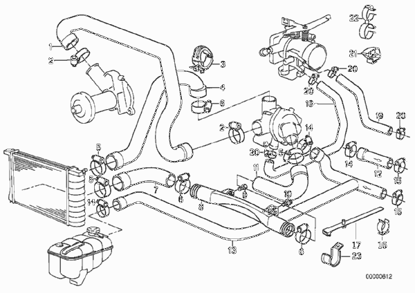 Водяной шланг системы охлаждения для BMW E30 325e M20 (схема запчастей)
