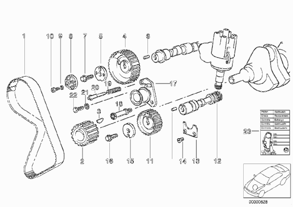 Зубчатый ремень механ.газораспределения для BMW E30 323i M20 (схема запчастей)