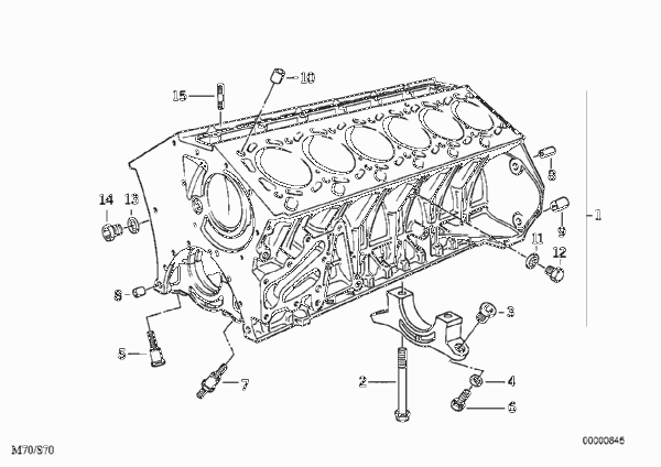 Блок-картер двигателя для BMW E32 750i M70 (схема запчастей)