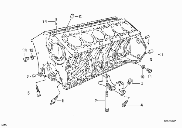 Блок-картер двигателя для BMW E38 750i M73 (схема запчастей)