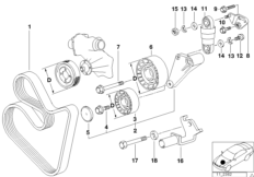 Ременный привод водяной помпы/генератора для BMW E32 740i M60 (схема запасных частей)
