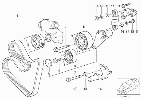 Ременный привод водяной помпы/генератора для BMW E34 530i M60 (схема запчастей)