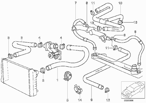 Водяной шланг системы охлаждения для BMW E34 530i M60 (схема запчастей)