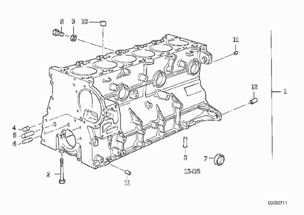 Блок-картер двигателя для BMW E34 525i M50 (схема запчастей)