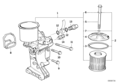 Смазочная система-масляный фильтр для BMW E36 323i M52 (схема запасных частей)