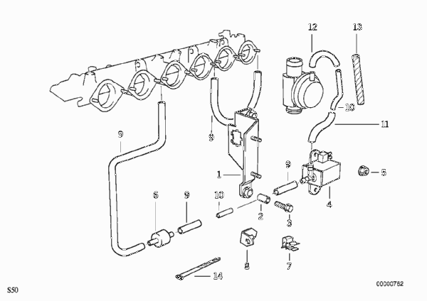 Двигатель с вакуумной сист.управления для BMW E36 M3 3.2 S50 (схема запчастей)
