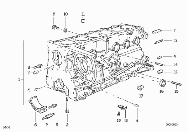 Блок-картер двигателя для BMW E38 725tds M51 (схема запчастей)