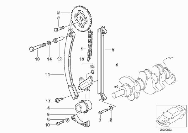Приводная цепь механ.газораспределения для BMW E36 316i 1.6 M43 (схема запчастей)