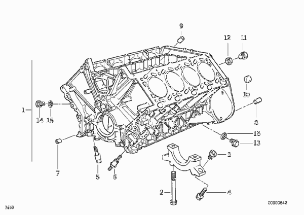 Блок-картер двигателя для BMW E34 540i M60 (схема запчастей)