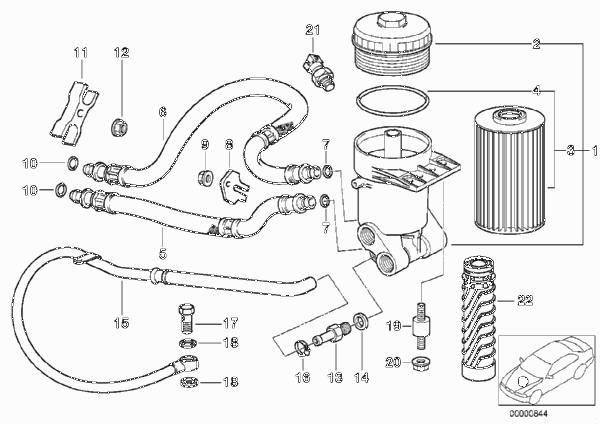 Смазочная система-масляный фильтр для BMW E38 750i M73N (схема запчастей)