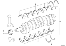 Коленчатый вал с вкладышами подшипников для BMW E38 L7 M73N (схема запасных частей)