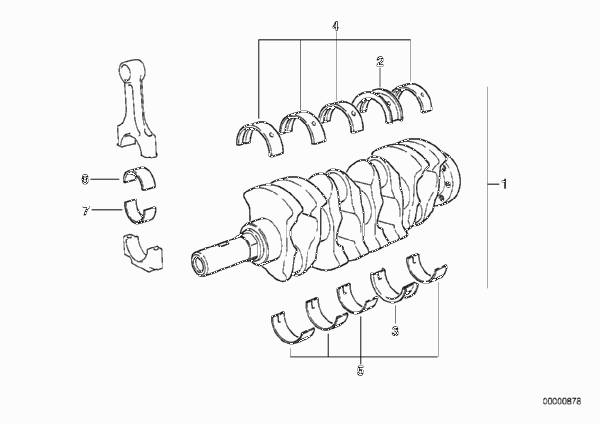 Коленчатый вал с вкладышами подшипников для BMW E36 318tds M41 (схема запчастей)