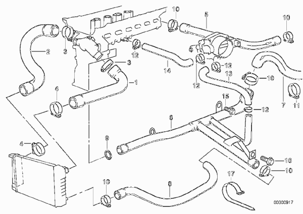 Водяной шланг системы охлаждения для BMW E36 328i M52 (схема запчастей)