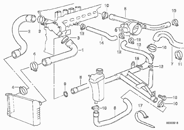 Водяной шланг системы охлаждения для BMW Z3 Z3 2.8 M52 (схема запчастей)