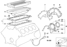Блок цилиндров/дополнительные элементы для BMW E38 730i M60 (схема запасных частей)