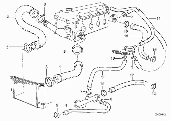 Водяной шланг системы охлаждения для BMW E36 316i 1.6 M43 (схема запчастей)