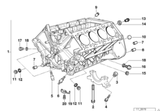 Блок-картер двигателя для BMW E53 X5 4.4i M62 (схема запасных частей)