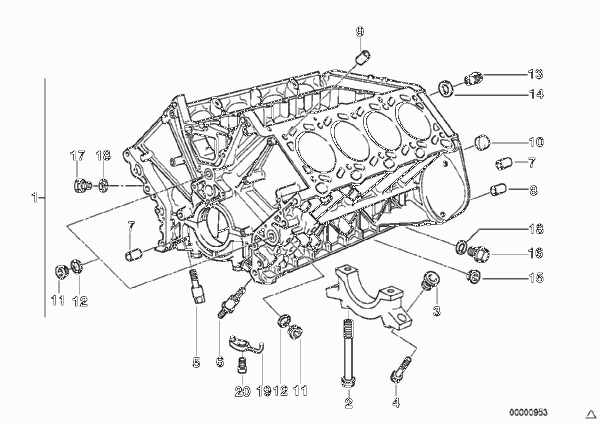 Блок-картер двигателя для BMW E39 540iP M62 (схема запчастей)