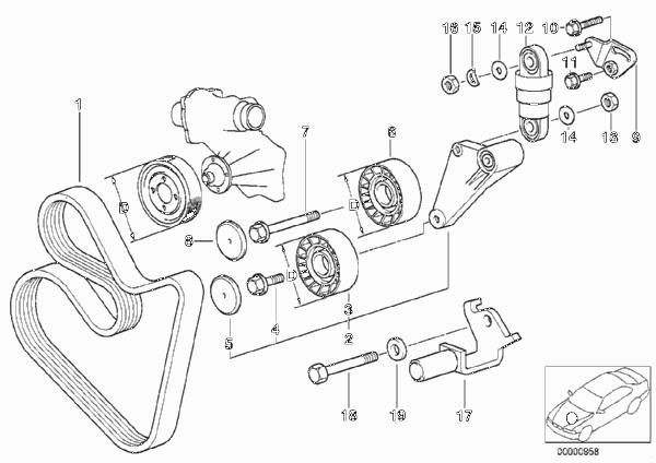 Ременный привод водяной помпы/генератора для BMW E39 540i M62 (схема запчастей)