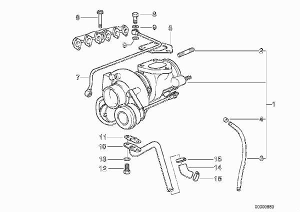 Турбонагнетатель со смазкой для BMW E34 525tds M51 (схема запчастей)
