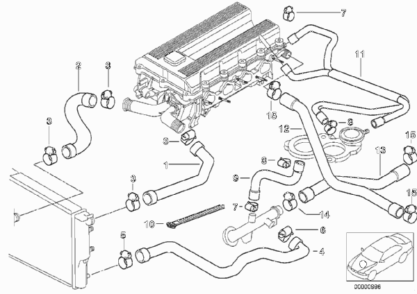 Водяной шланг системы охлаждения для BMW E36 318ti M44 (схема запчастей)