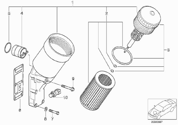 Смазочная система-масляный фильтр для BMW E36 316i M43 (схема запчастей)