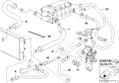 Водяной шланг системы охлаждения для BMW E34 518g M43 (схема запасных частей)