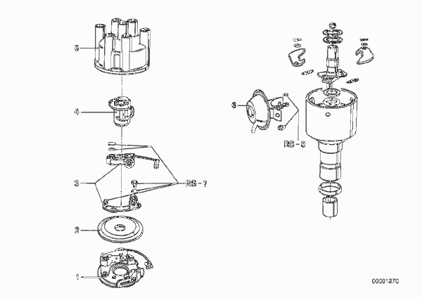 Детали распределителя зажигания для BMW E12 528 M30 (схема запчастей)