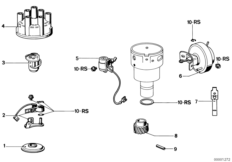 Детали распределителя зажигания для BMW E12 525 M30 (схема запасных частей)