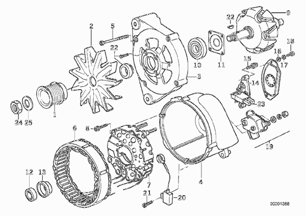 Детали генератора на 140 А для BMW E32 750i M70 (схема запчастей)