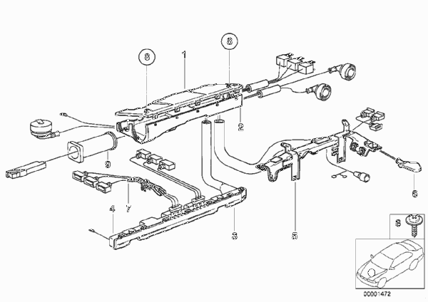 Элементы крепления жгута проводов для BMW E34 520i M50 (схема запчастей)