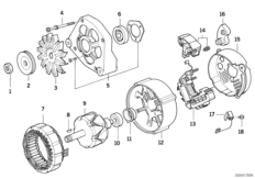 Детали генератора на 105 А для BMW E34 518i M40 (схема запасных частей)