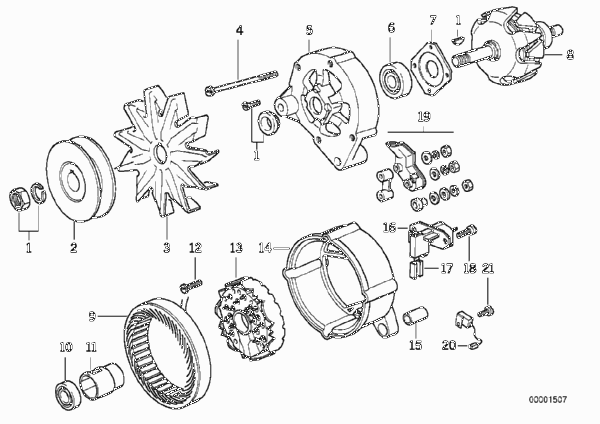 Детали генератора на 80 А для BMW E34 520i M20 (схема запчастей)