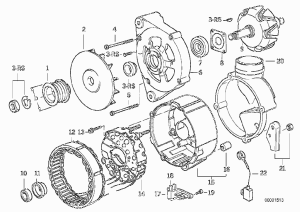 Детали генератора на 105 А для BMW E34 525i M50 (схема запчастей)