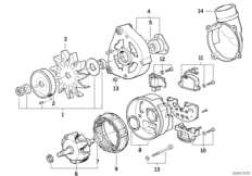 Детали генератора на 80 А для BMW E34 524td M21 (схема запасных частей)