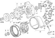 Детали генератора на 90 А для BMW E34 530i M30 (схема запасных частей)
