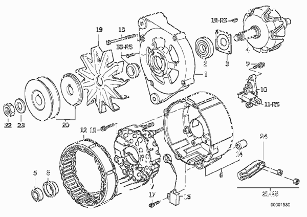 Детали генератора на 65 А для BMW E36 316i M40 (схема запчастей)