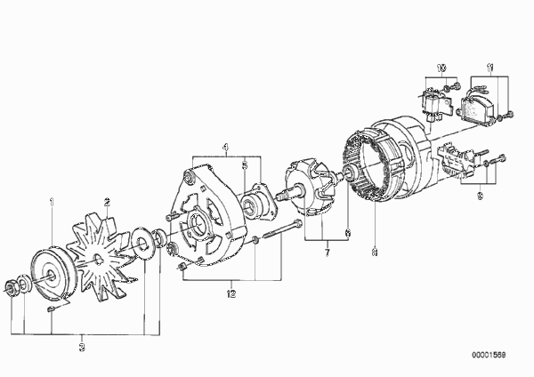Детали генератора на 65 А для BMW E30 316 M10 (схема запчастей)