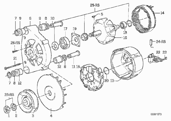 Детали генератора на 65 А для BMW E30 318i M10 (схема запчастей)