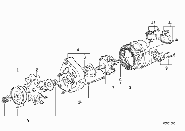 Детали генератора на 80 А для BMW E30 324d M21 (схема запчастей)
