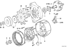 Детали генератора на 80 А для BMW E30 325i M20 (схема запасных частей)